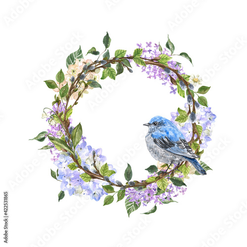 Watercolor floral wreath with spring flowers and adorable blue bird, sitting ...