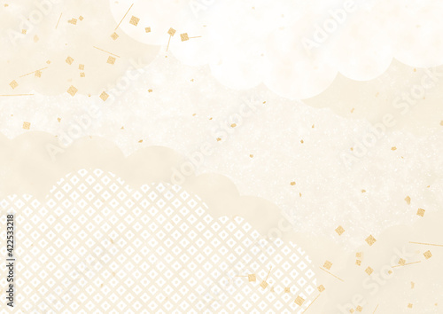 鹿の子模様の雲と切金と金箔　和風イラスト背景素材（ベージュ）