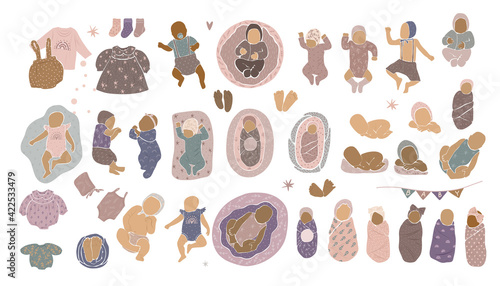 Modern babies in boho Scandinavian style. abstract minimalism. Newborn babies. Ideal for postcards, parties, social media stories and bloggers
