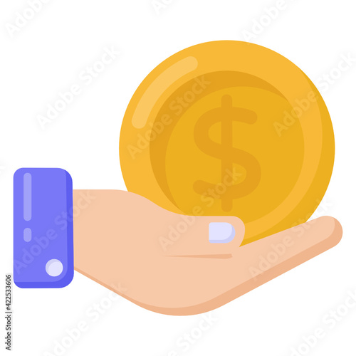 
Coin on hand denoting flat icon of investment 

