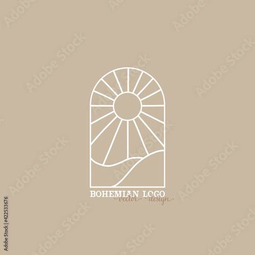 bohemian logo line. modern minimalism style. phases of the moon and the sun. lunar eclipse and new moon. botanical frame. ideal for packaging design