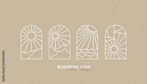 bohemian logo line. modern minimalism style. phases of the moon and the sun. lunar eclipse and new moon. botanical frame. ideal for packaging design