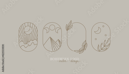 bohemian logo line. modern minimalism style. phases of the moon and the sun. lunar eclipse and new moon. botanical frame. ideal for packaging design