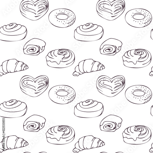 Vector seamless pattern Sweet pastries and pastries such as roll with chocolate, buns, cinnamon, croissant, bagel.