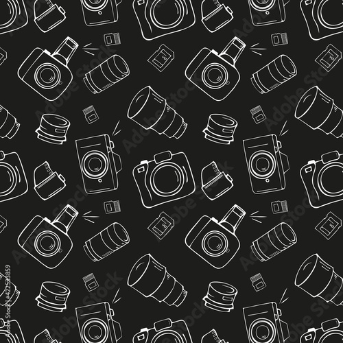 Photo equipment: photo apparatus, lens, memory cards, photographic film. Seamless pattern in cartoon style vector illustration.