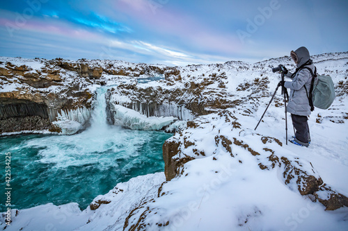  Aldeyjarfoss waterfall in Iceland with photographer. photo