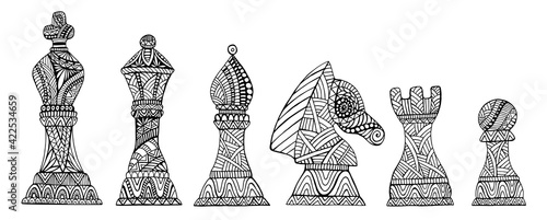 Set with King, Queen, Bishop, Knight, Rook and Pawn Chess Pieces coloring page for adults and kids, isolated on white.