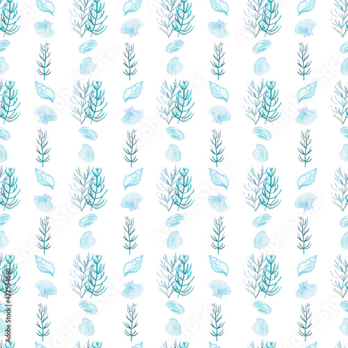 Seamless patterns with monochromatic blue watercolor illustrations of shells, seaweeds and starfish.