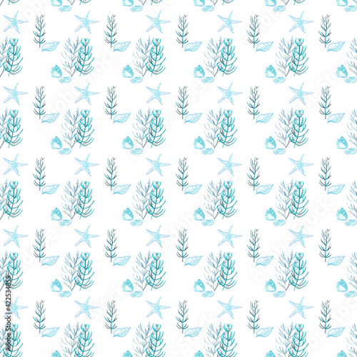 Seamless patterns with monochromatic blue watercolor illustrations of shells, seaweeds and starfish.