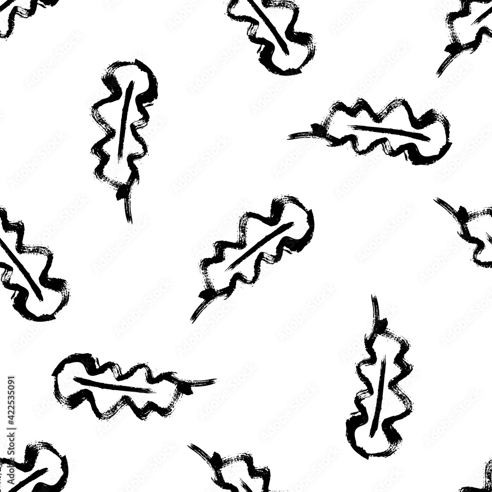 Obraz premium Oak leaf monochrome seamless vector pattern background. Simple calligraphy brush foliage black and white backdrop. Minimal elegant outline design. Painterly style all over print for packaging