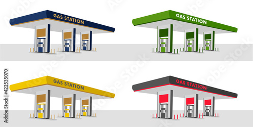 Obraz na plátně Set of illustrations of gas station columns in different colors, Transport relat