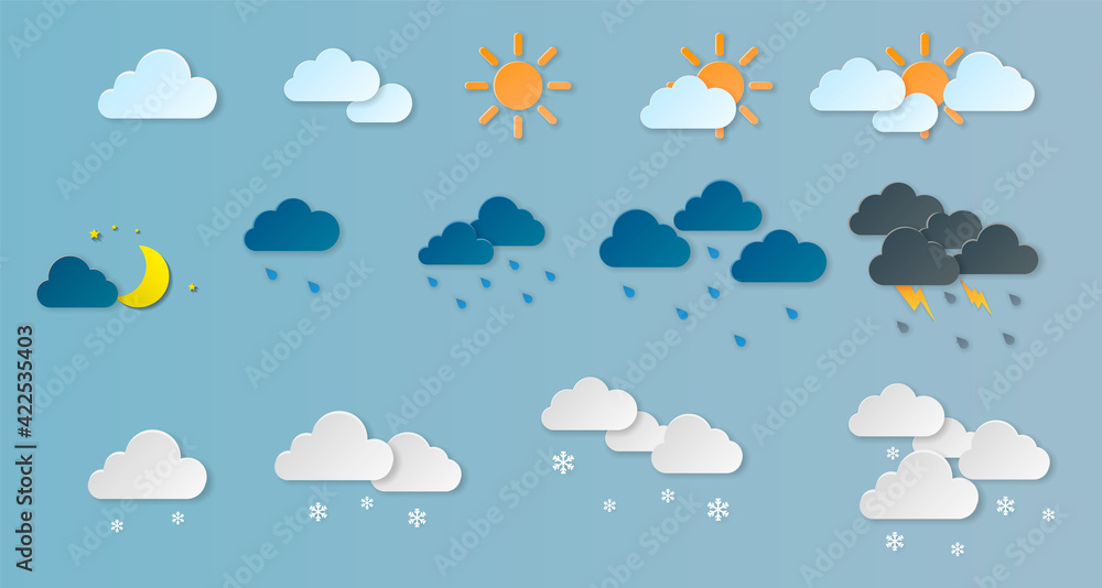 Weather icons. Weather icon in paper cut style. Vector illustration.