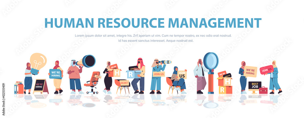 Fototapeta premium set arabic hr managers holding we are hiring join us posters vacancy open recruitment human resources