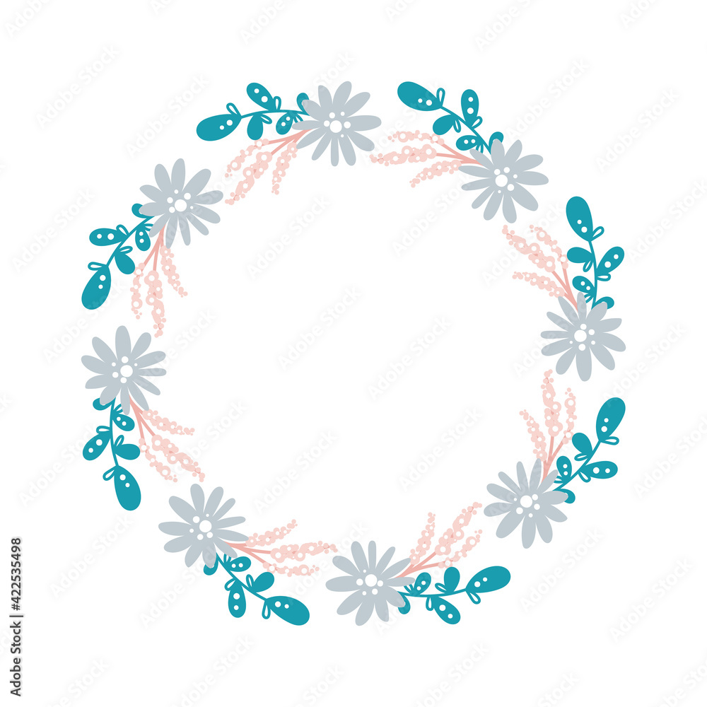 Summer flower herb wreath scandinavian. Spring Flat abstract vector garden frame, woman day romantic holiday, wedding invitation card decoration. Element summer floral isolated illustration