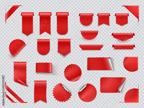 Realistic 3d red sale tags, labels, stickers and ribbons set. online shopping web banners.