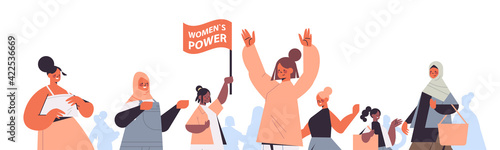 mix race girls activists stand together female empowerment movement women's community union of feminists concept