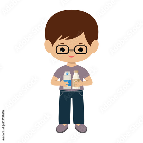 Little boy with a product on a white background
