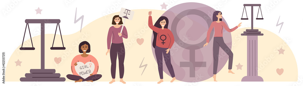 Empowerment. The concept feminism and gender equality. Variety of girls with scales as symbol equality. Planet with a female sign empowerment. Vector illustration in Flat linear style