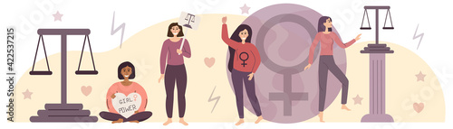 Empowerment. The concept feminism and gender equality. Variety of girls with scales as symbol equality. Planet with a female sign empowerment. Vector illustration in Flat linear style