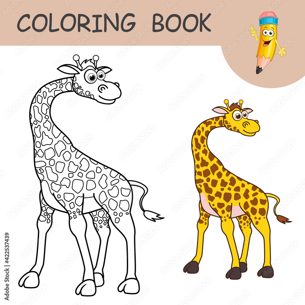 Coloring book with fun character Giraffe. Colorless and color samples Giraffe on coloring page for kids. Coloring design in cute cartoon style. Black contour silhouette with a sample for coloring.