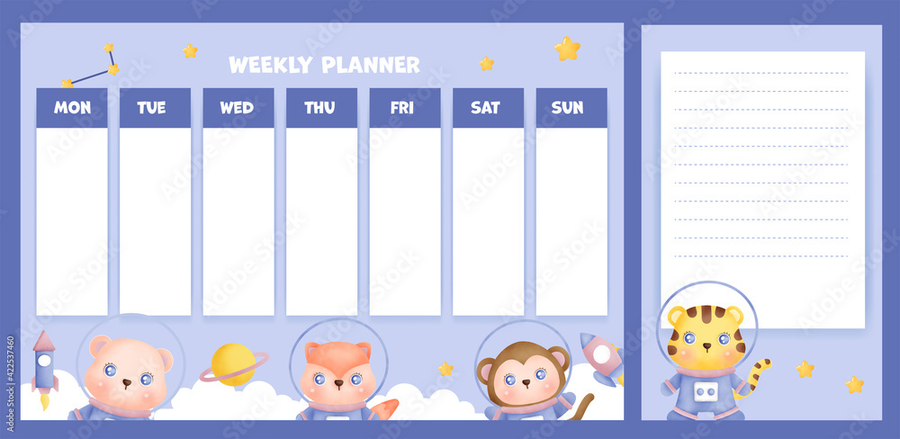 weekly planner with cute animals in the galaxy.