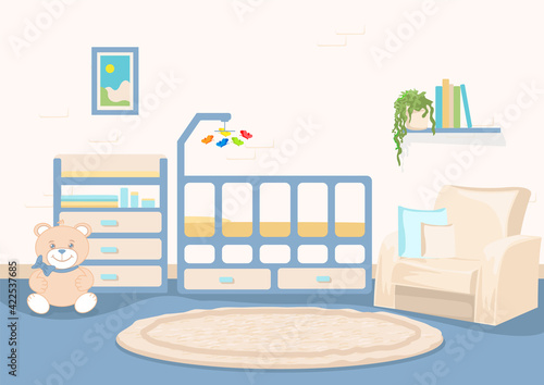 Vector illustration of an interior of a nursery for a newborn with a baby bed, changing table, mother's chair, books and a teddy bear