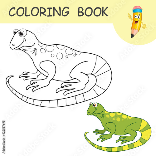 Coloring book with fun character Gecko. Colorless and color samples Lizard on coloring page for kids. Coloring design in cute cartoon style. Black contour silhouette with a sample for coloring.