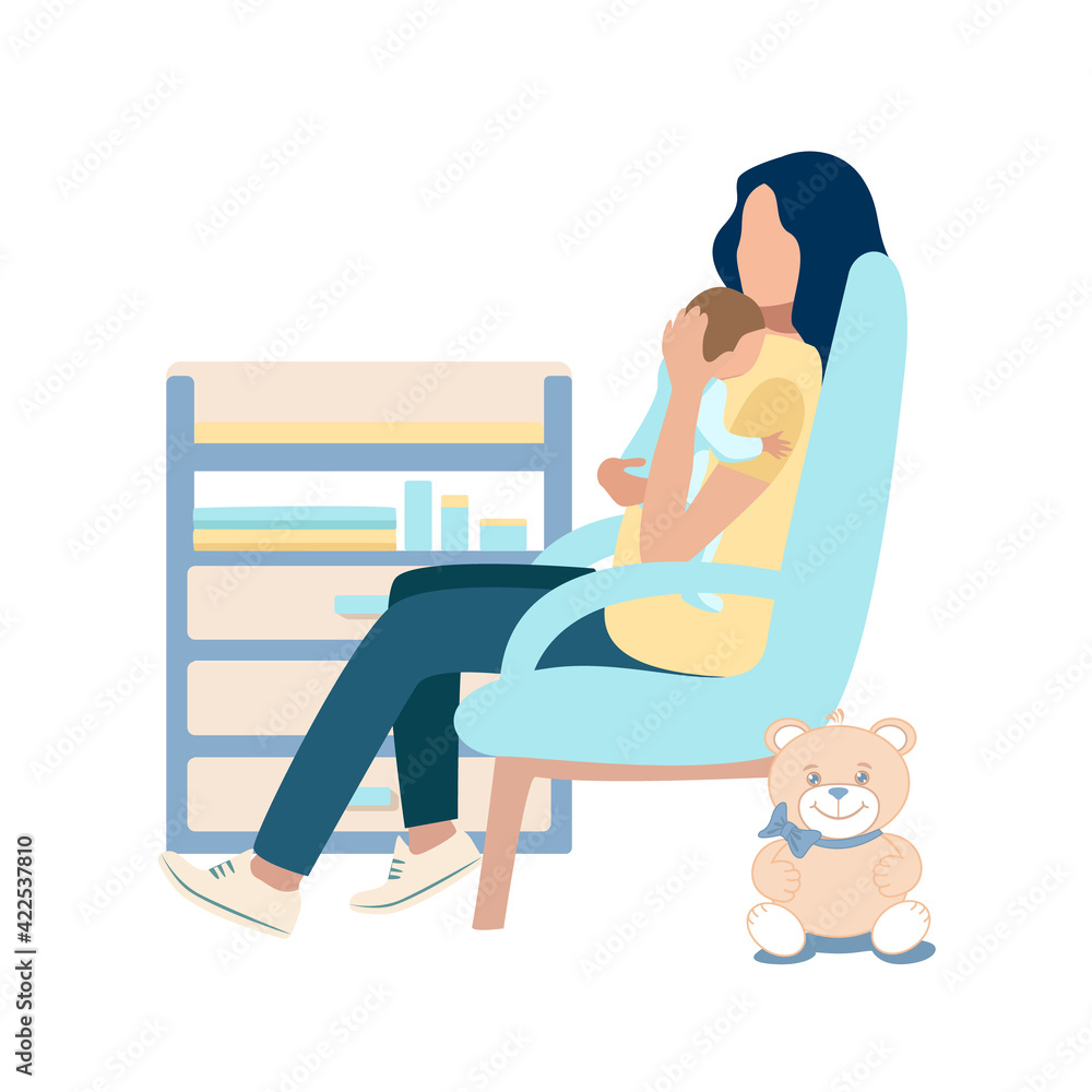 Obraz premium Vector illustration of a happy young mother holding a baby in her arms while sitting in a chair next to the changing table. Happiness of motherhood, mother's day, happy childhood on a white background