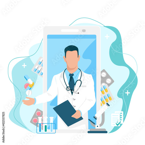 Doctor consults the patient via video communication online by phone vector illustration on modern minimalistic background