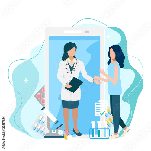 Doctor consults the patient via video communication online by phone vector illustration on modern minimalistic background