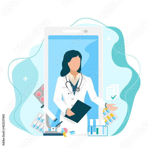 Doctor consults the patient via video communication online by phone vector illustration on modern minimalistic background