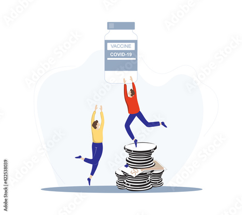 concept for coronavirus vaccine access inequality, purchasing power and financial advantage of rich countries. vector illustration of  human reaching up to covid-19 vaccine standing on money 