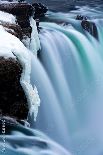 close up of frozen ice and flowing water in Iceland in winter