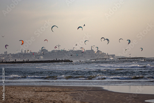 beach where kite surfers surfing