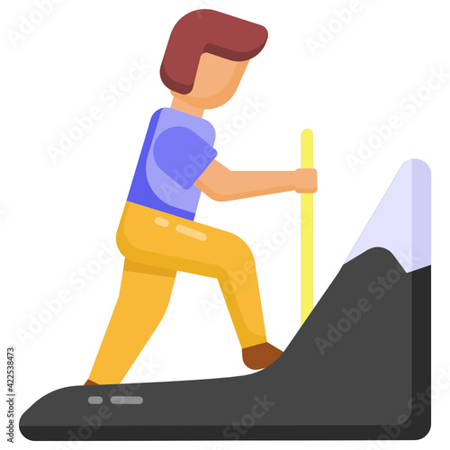 
Man with stick on mountains denoting flat icon of hiker 

