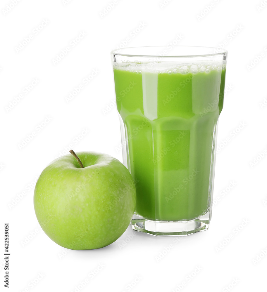 Glass of healthy green smoothie and apple on white background Glass of healthy green smoothie and apple on white background