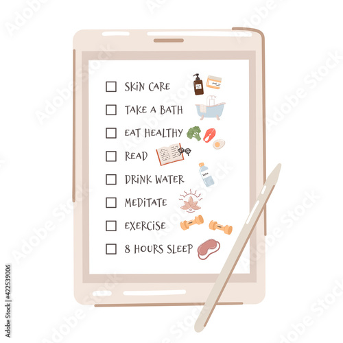 Self-care checklist and routine to do ideas on a tablet. Includes relaxing, exercising, eating well, health, happiness, motivation, skin care, reading, sleeping. Vector illustration.