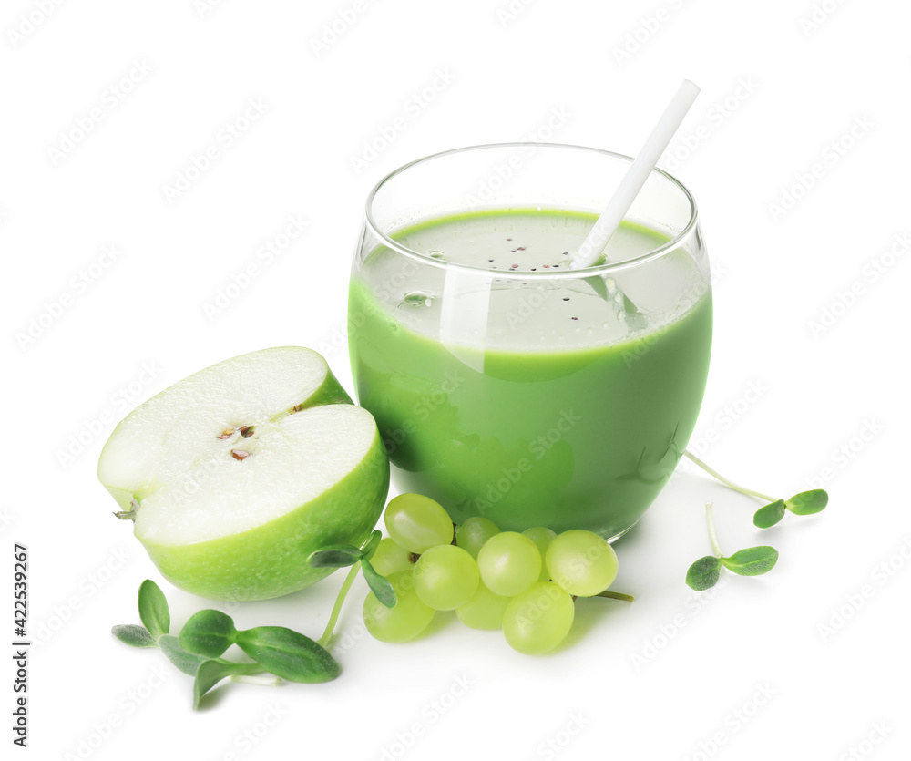 Glass of healthy green smoothie and ingredients on white background Glass of healthy green smoothie and ingredients on white background