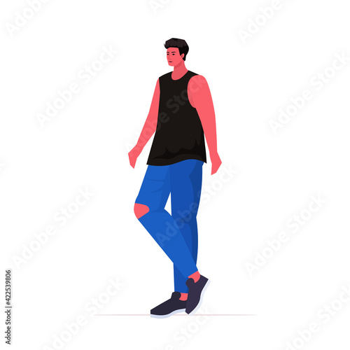 young man in casual trendy clothes male cartoon character standing pose full length vector illustration