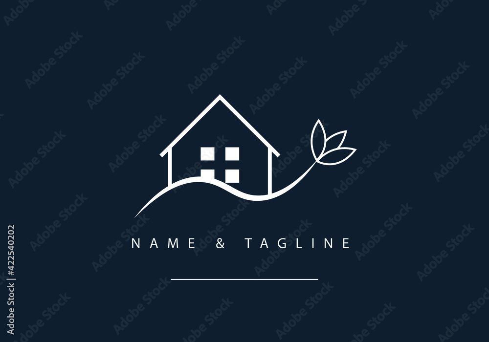 Line art icon logo of a house with leaf. real estate logo icon Stock ...