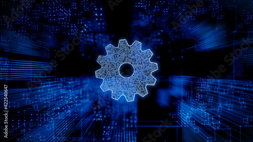 Configure Technology Concept with cog symbol against a Futuristic, Blue Digital Grid background. Network Tech Wallpaper. 3D Render 