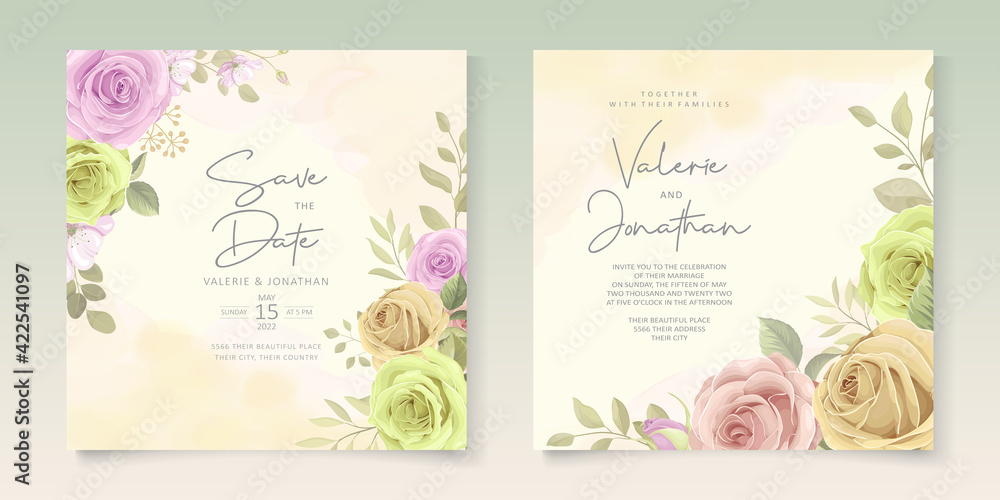 Wedding invitation design with soft color floral and leaves