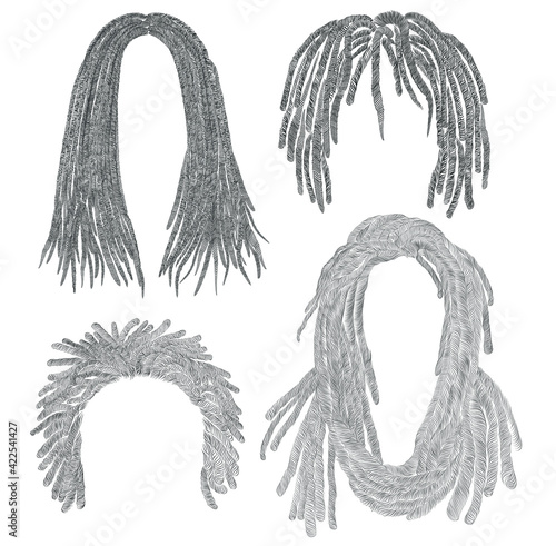 set of african  hairs  . black  pencil drawing sketch .
dreadlocks cornrows