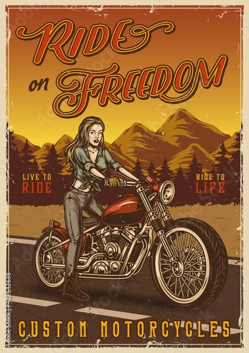 Custom motorcycle vintage colorful poster
