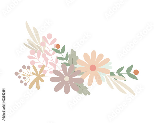 Floral arrangement of simple pastel-colored flowers in flat style vector illustration  symbol of spring  cozy home  Easter holidays celebration decor  clipart for cards  bohemian springtime decoration