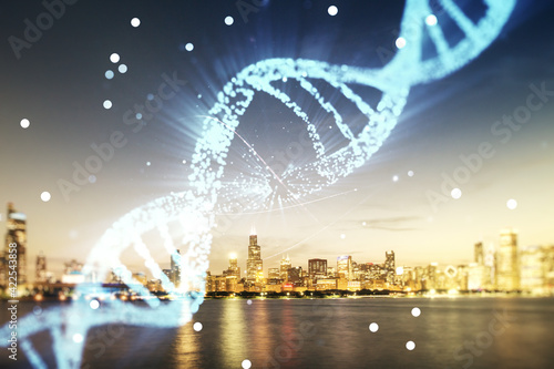 Double exposure of creative DNA hologram on Chicago city skyscrapers background. Bio Engineering and DNA Research concept