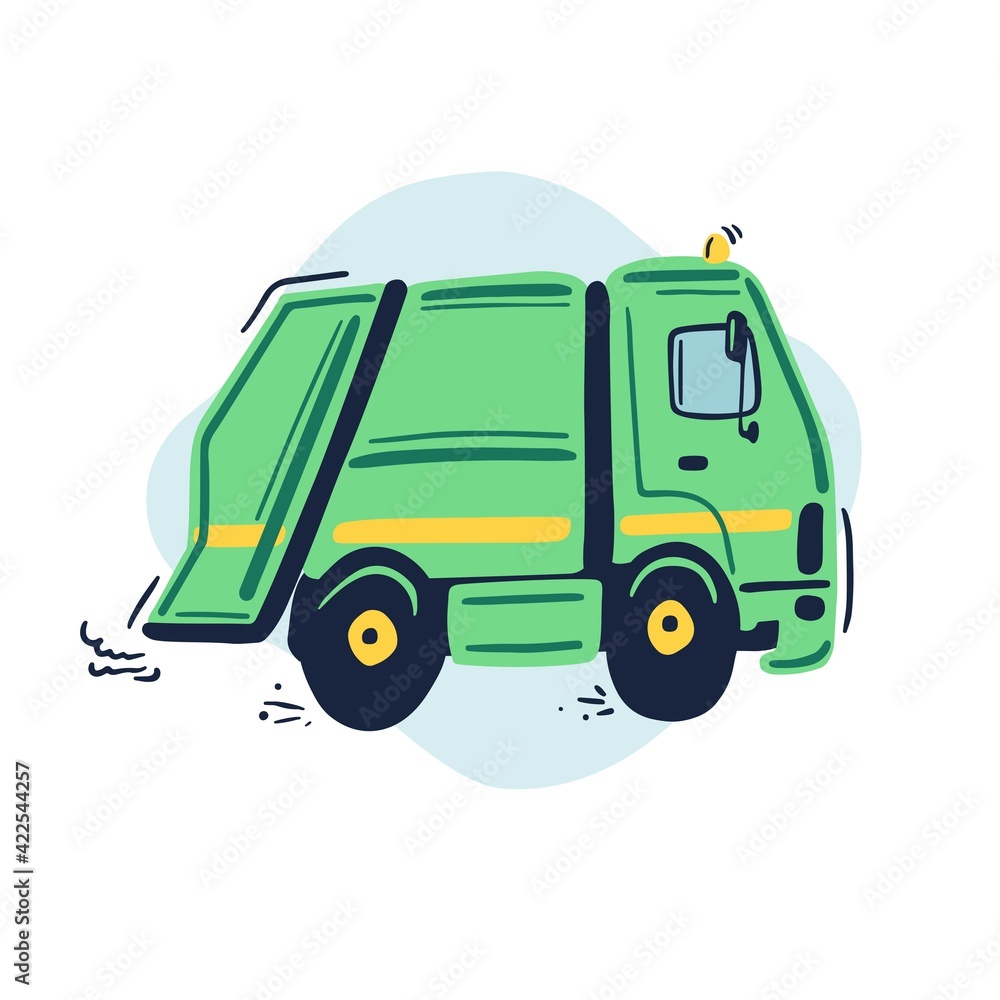 Hand drawn green city garbage truck. Cute kids vector illustration.