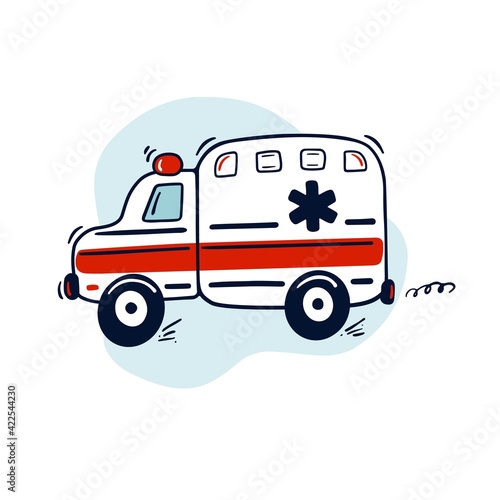 Hand drawn red ambulance emergency vehicle. Cute kids vector illustration.