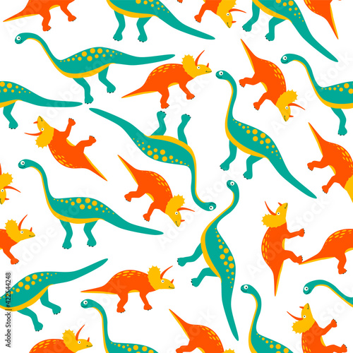 Seamless pattern with cute dinosaurs  diplodocus and Triceratops. Cute dino on white background