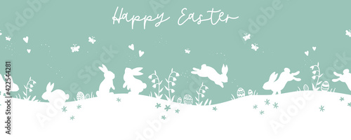 Lovely hand drawn easter bunnies seamless pattern, cute rabbits, springs flowers and easter eggs - great for textiles, banners, wallpapers, wrapping, cards - vector design